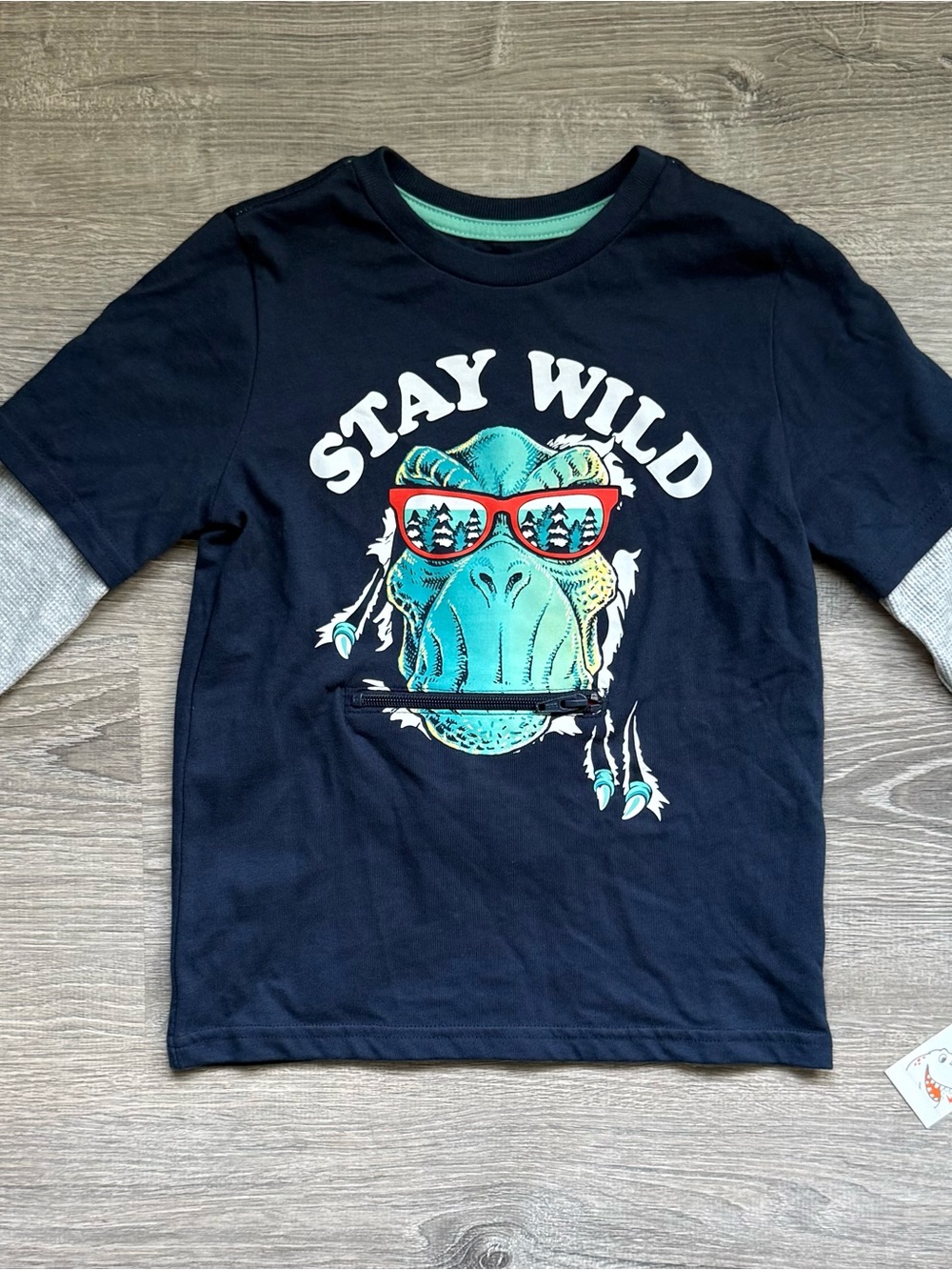 365Kids Boy’s Sz 7 “Stay Wild" Dino Navy Blue Graphic Long-Sleeve Shirt